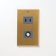 真鍮（ヘアライン） プレート<br>+ NK 新4K8K衛星放送対応 埋込小型高シールドテレビ端子 グレー <br>+ NK 埋込コンセント グレー