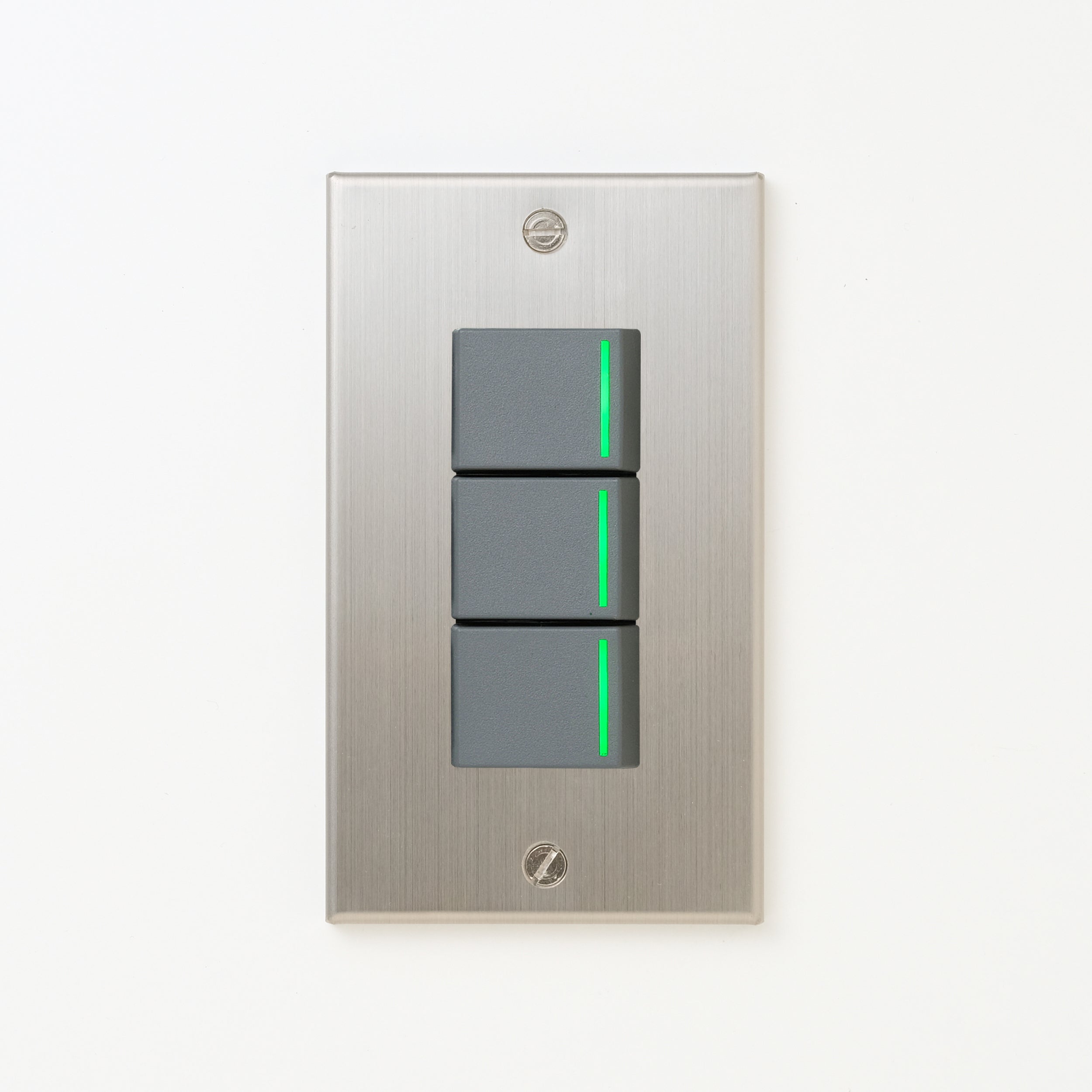 ステンレス（ヘアライン） プレート <br>+ NK 片切、3路ガイドランプ（グリーン）スイッチトリプル  グレー