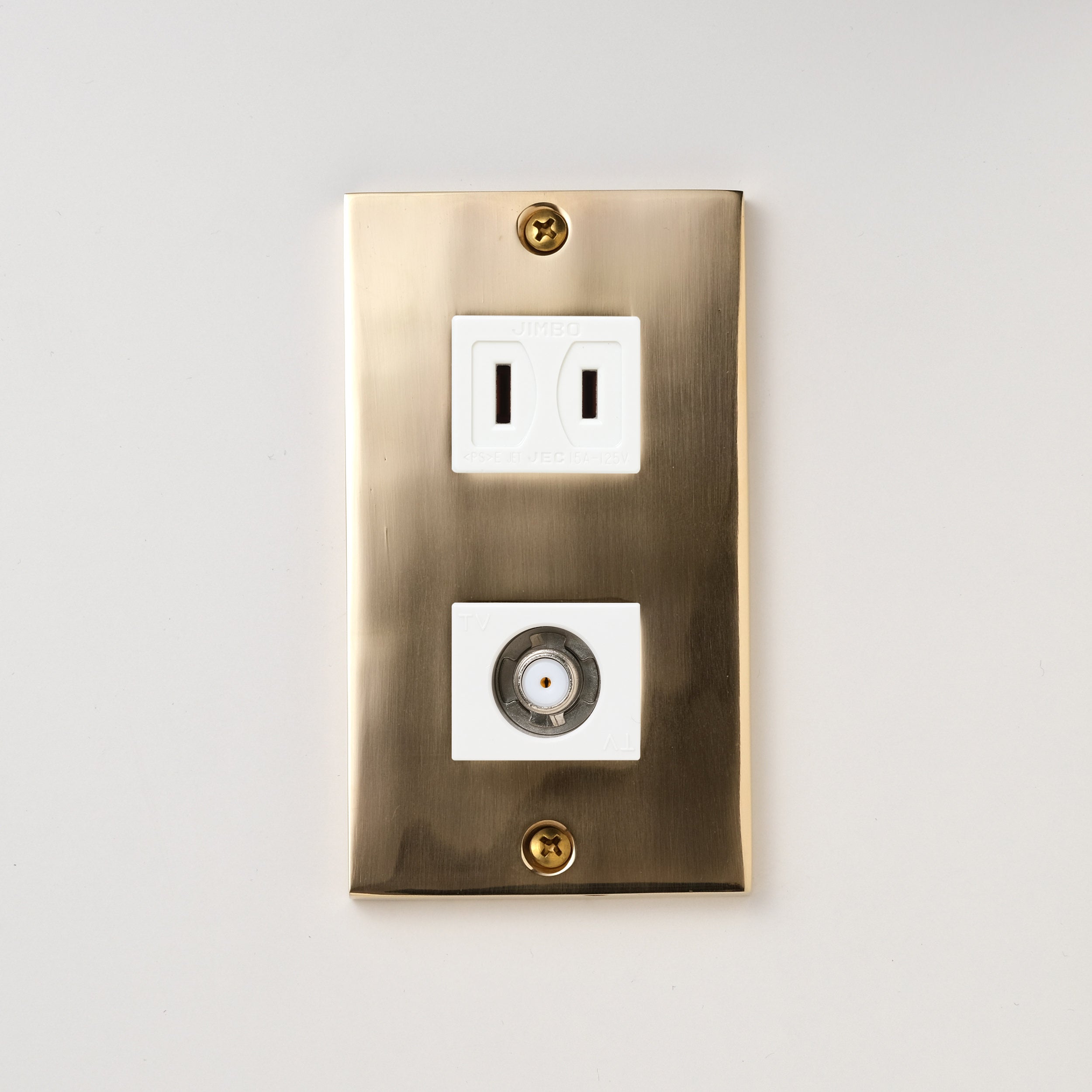 真鍮砂型鋳造（磨き）プレート<br>+ NK 新4K8K衛星放送対応 埋込小型高シールドテレビ端子 ホワイト <br>+ NK 埋込コンセント ホワイト