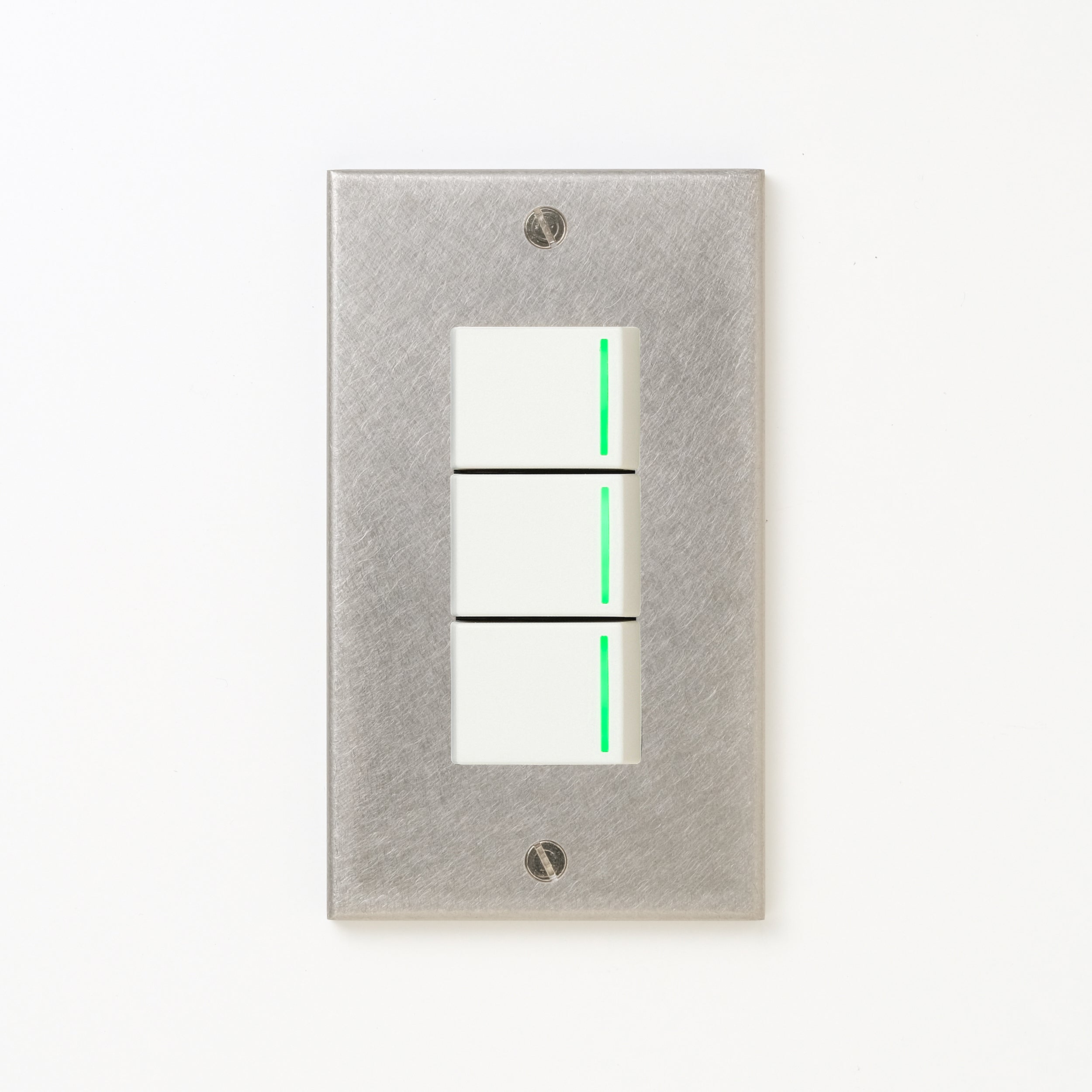 ステンレス（バイブレーション）プレート <br>+ NK 片切、3路ガイドランプ（グリーン）スイッチトリプル  ホワイト