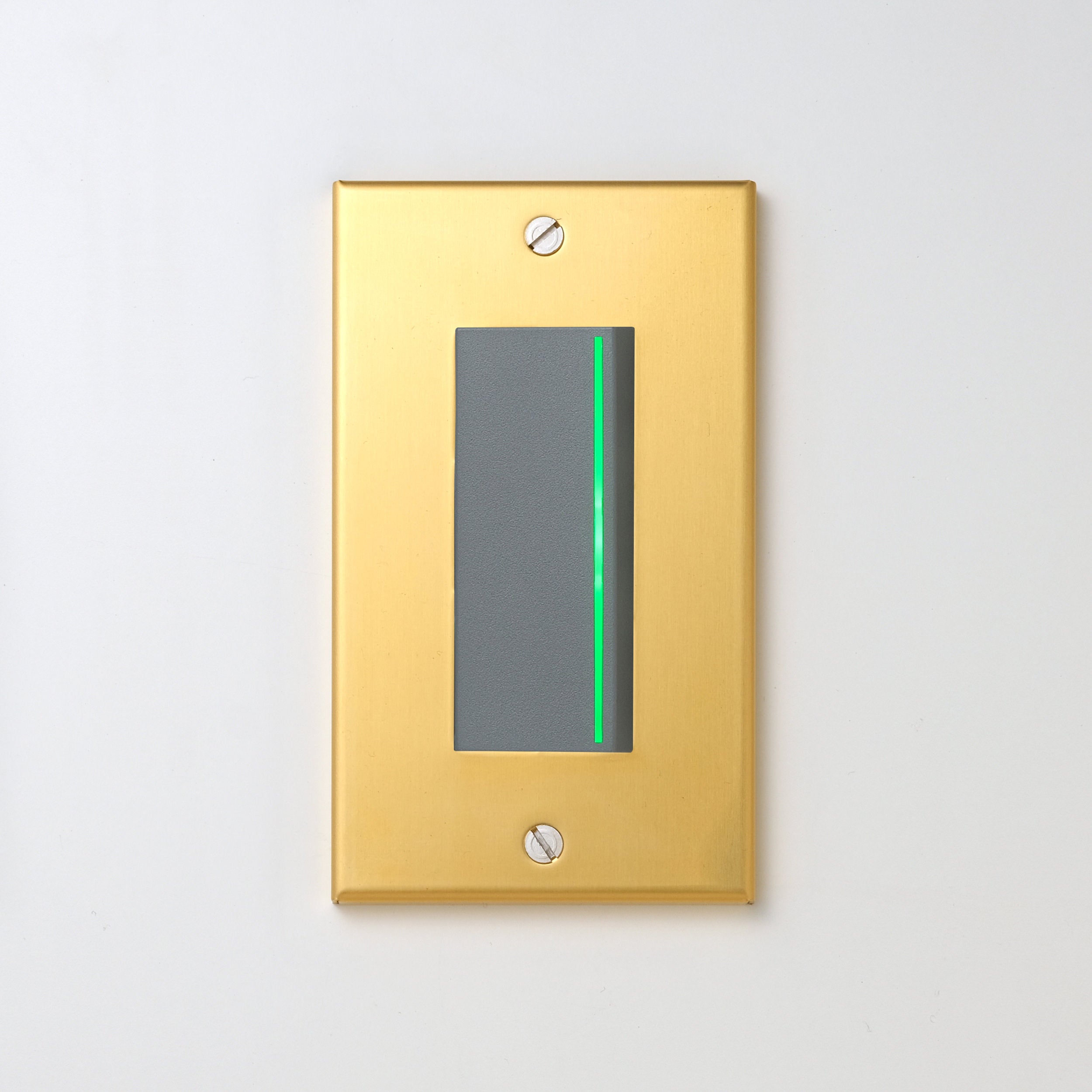 真鍮（素地） プレート <br>+ NK 片切、3路ガイドランプ（グリーン）付スイッチシングル  グレー