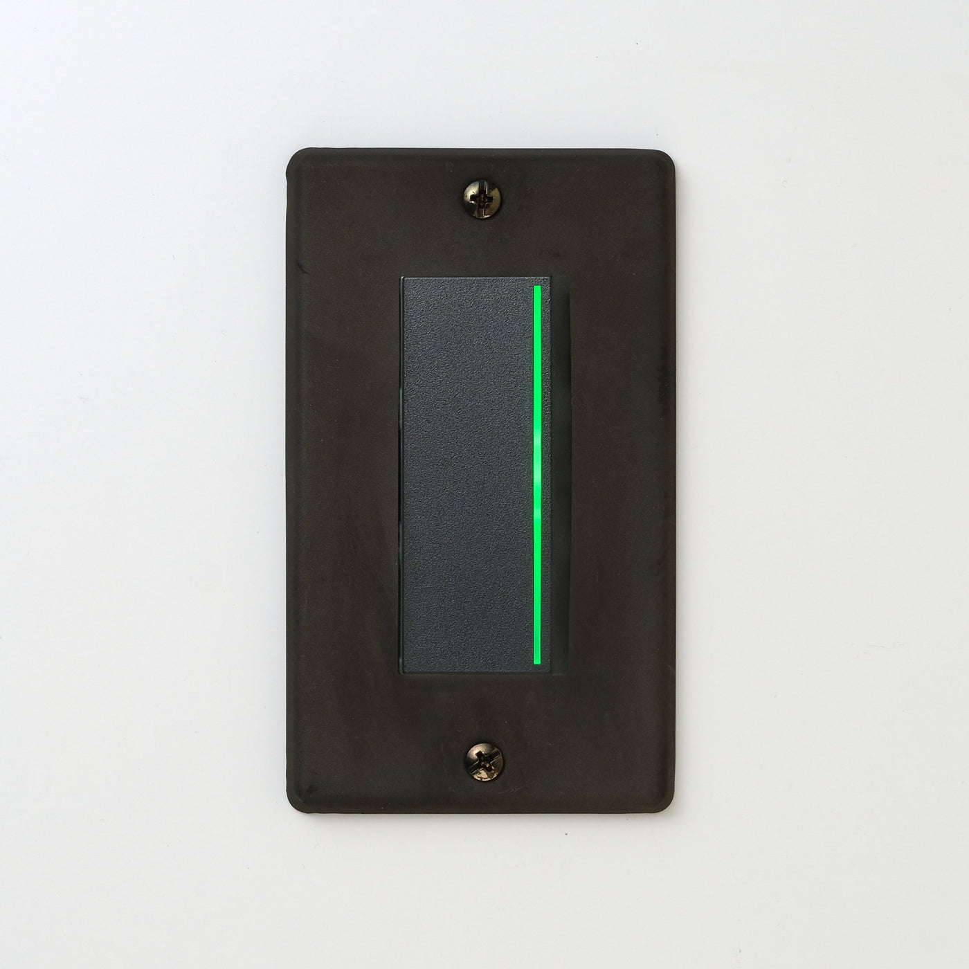 ステンレス（黒染）プレート <br>+ NK 片切、3路ガイドランプ（グリーン）付スイッチシングル  ブラック