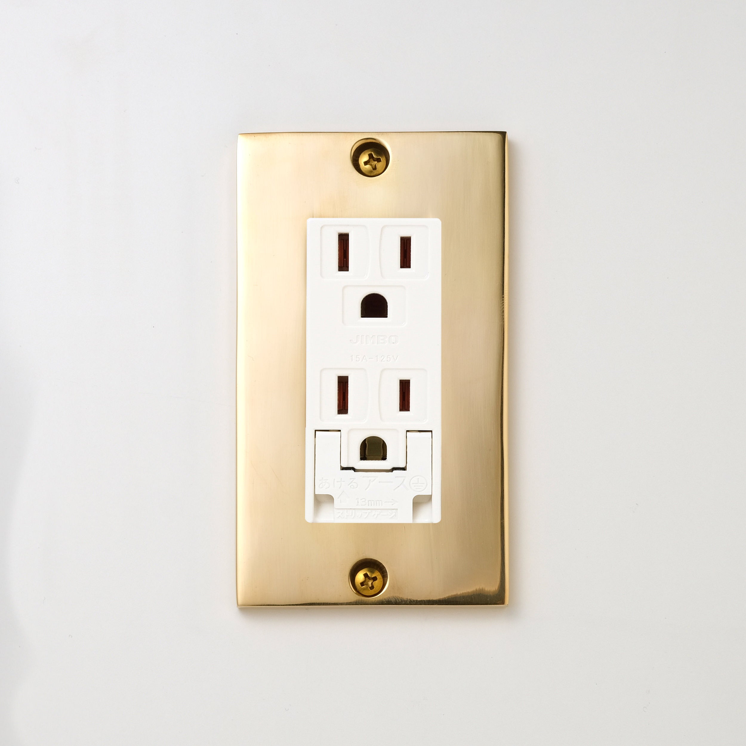 真鍮砂型鋳造（磨き）プレート <br>+ NK 埋込アースターミナル付接地ダブルコンセント　ホワイト