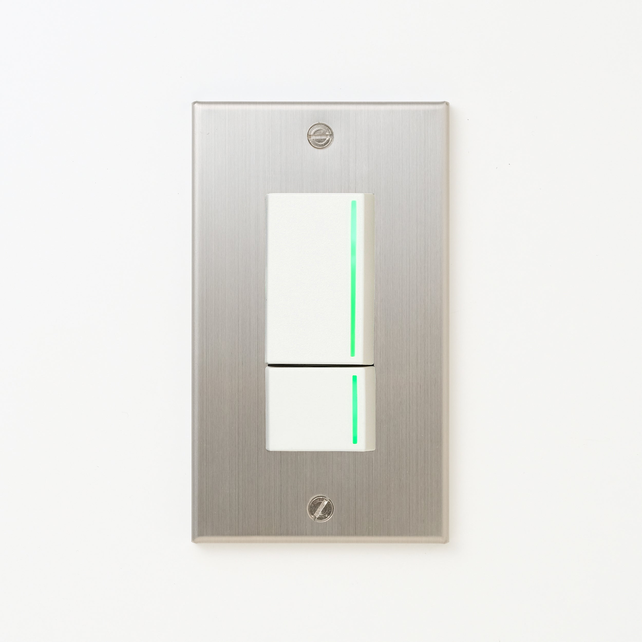 ステンレス（ヘアライン） プレート <br>+ NK 片切、3路ガイドランプ（グリーン）スイッチダブル（上段大）  ホワイト