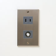 ステンレス（ヘアライン） プレート<br>+ NK 新4K8K衛星放送対応 埋込小型高シールドテレビ端子 グレー <br>+ NK 埋込コンセント グレー