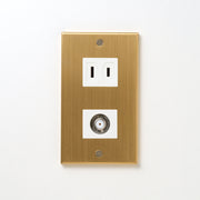 真鍮（ヘアライン） プレート<br>+ NK 新4K8K衛星放送対応 埋込小型高シールドテレビ端子 ホワイト <br>+ NK 埋込コンセント ホワイト