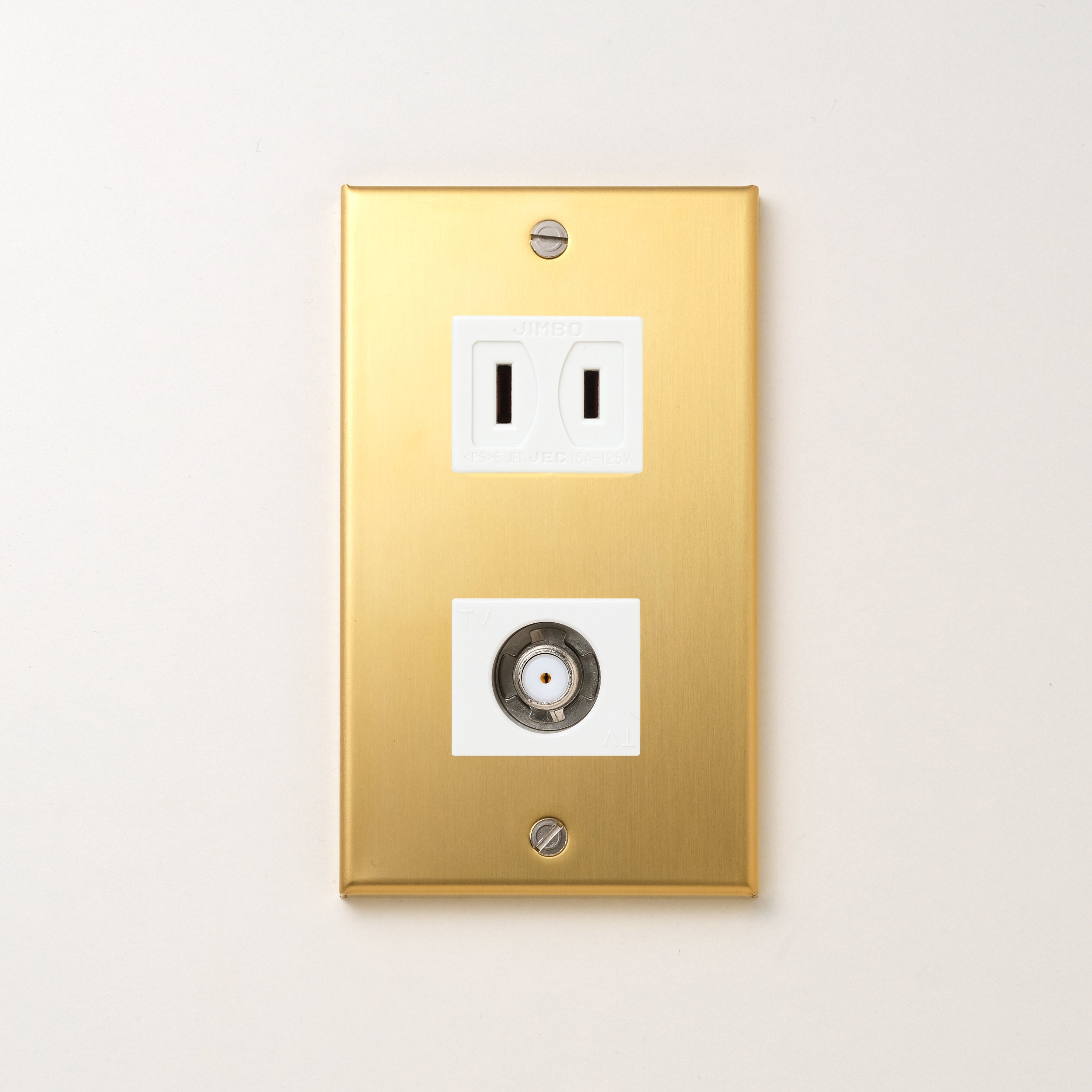 真鍮（素地） プレート<br>+ NK 新4K8K衛星放送対応 埋込小型高シールドテレビ端子 ホワイト <br>+ NK 埋込コンセント ホワイト