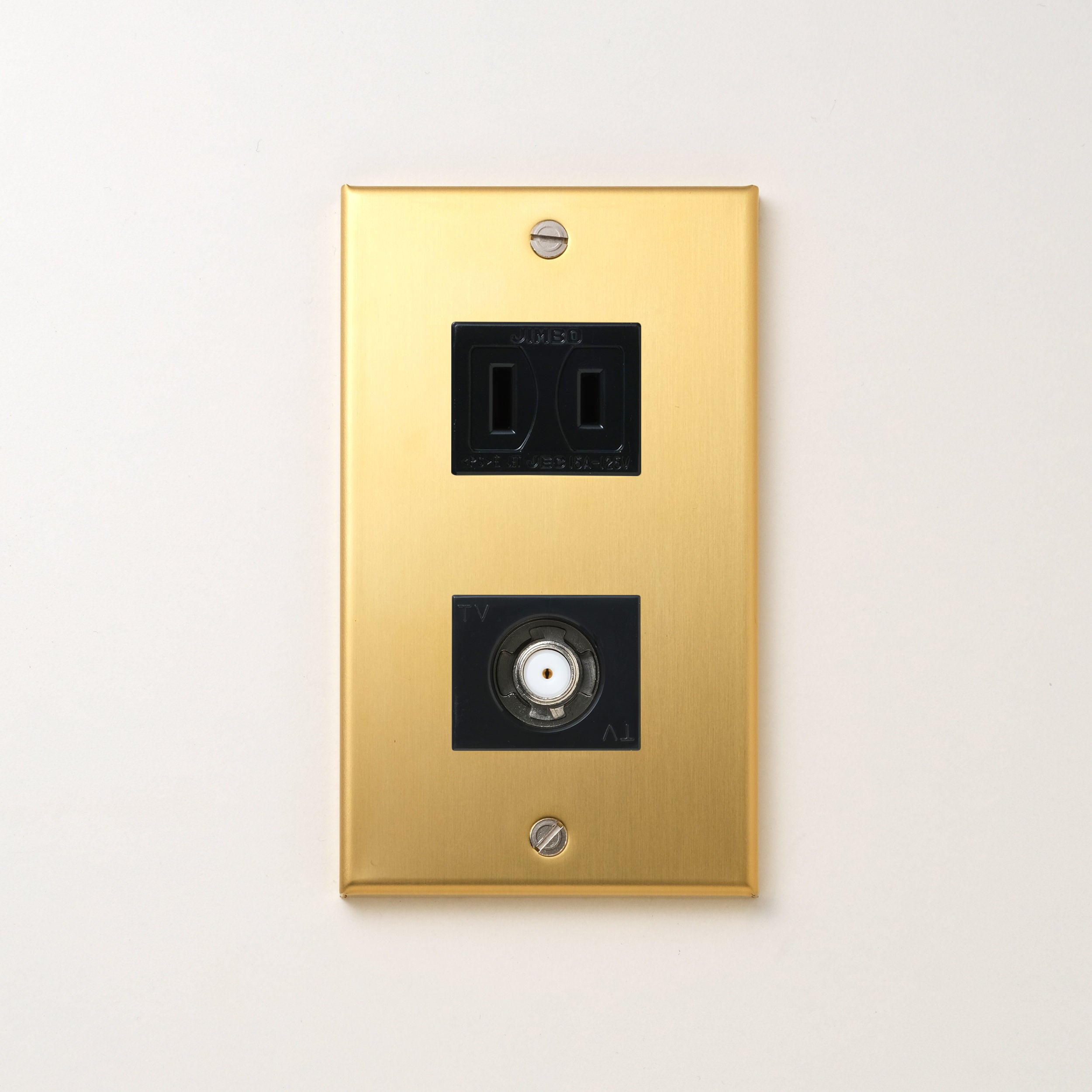 真鍮（素地） プレート<br>+ NK 新4K8K衛星放送対応 埋込小型高シールドテレビ端子 ブラック <br>+ NK 埋込コンセント ブラック