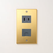 真鍮（素地） プレート<br>+ NK 埋込モジュラジャック6極2心 グレー <br>+ NK 埋込コンセント グレー