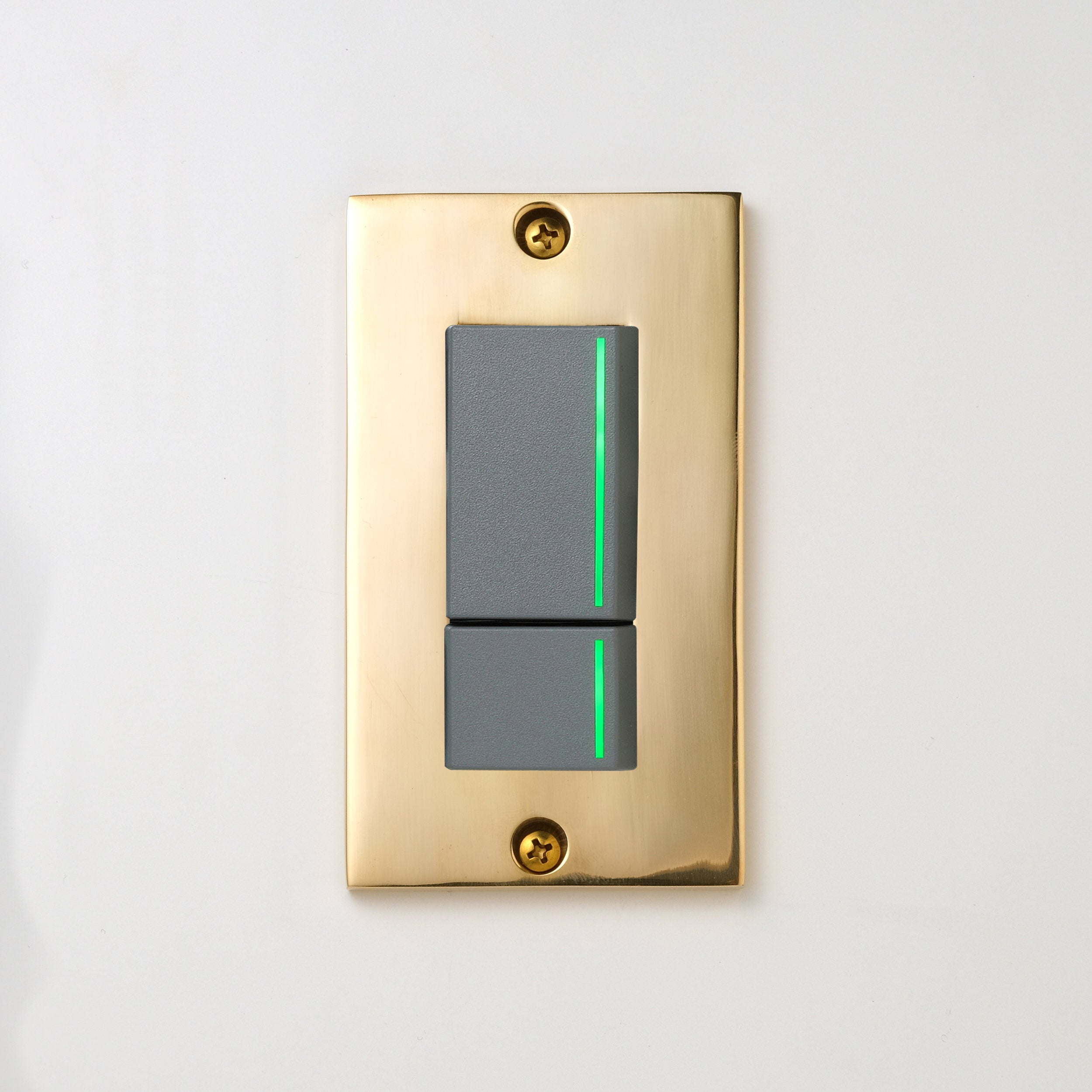 真鍮砂型鋳造（磨き）プレート <br>+ NK 片切、3路ガイドランプ（グリーン）スイッチダブル（上段大）  グレー