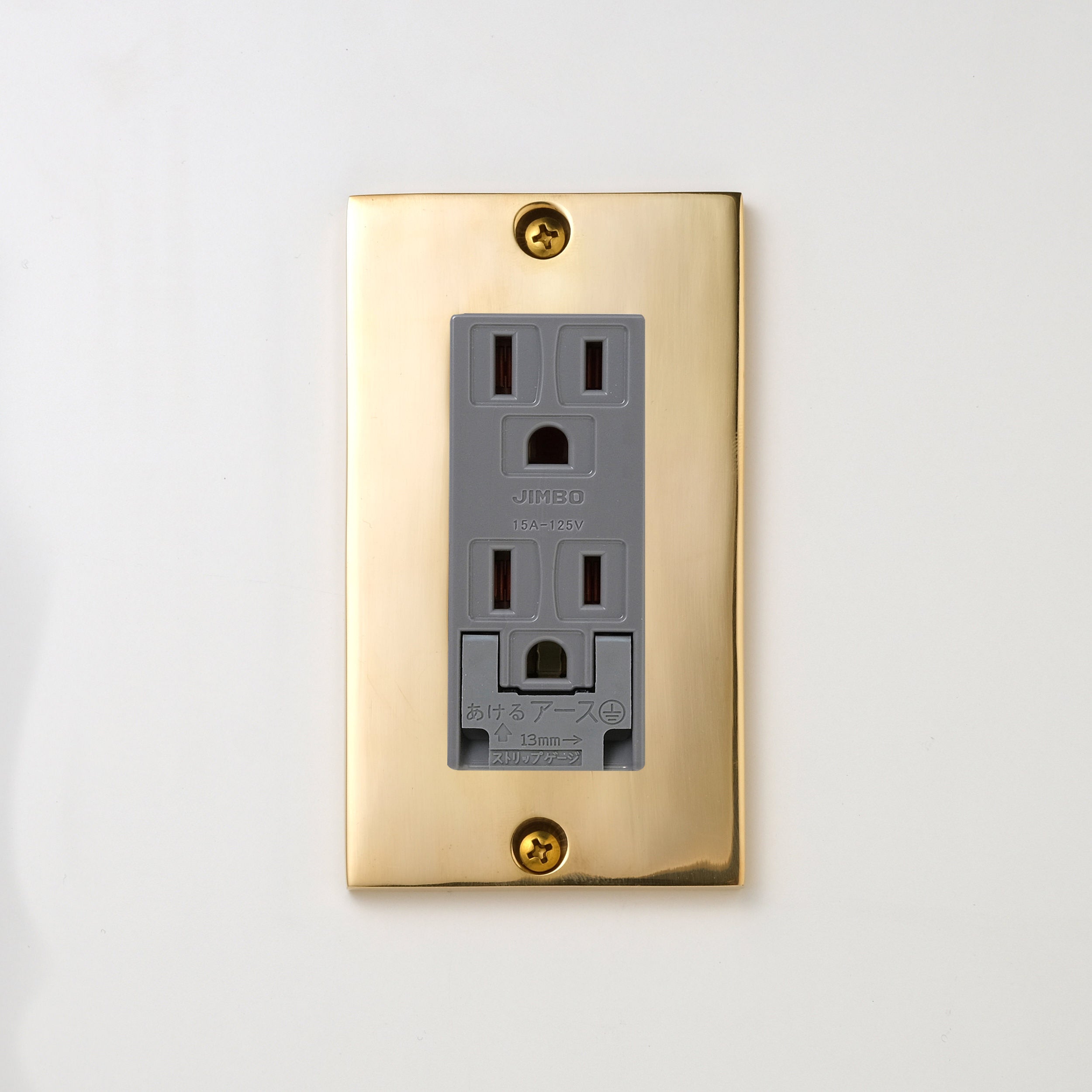 真鍮砂型鋳造（磨き）プレート <br>+ NK 埋込アースターミナル付接地ダブルコンセント　グレー