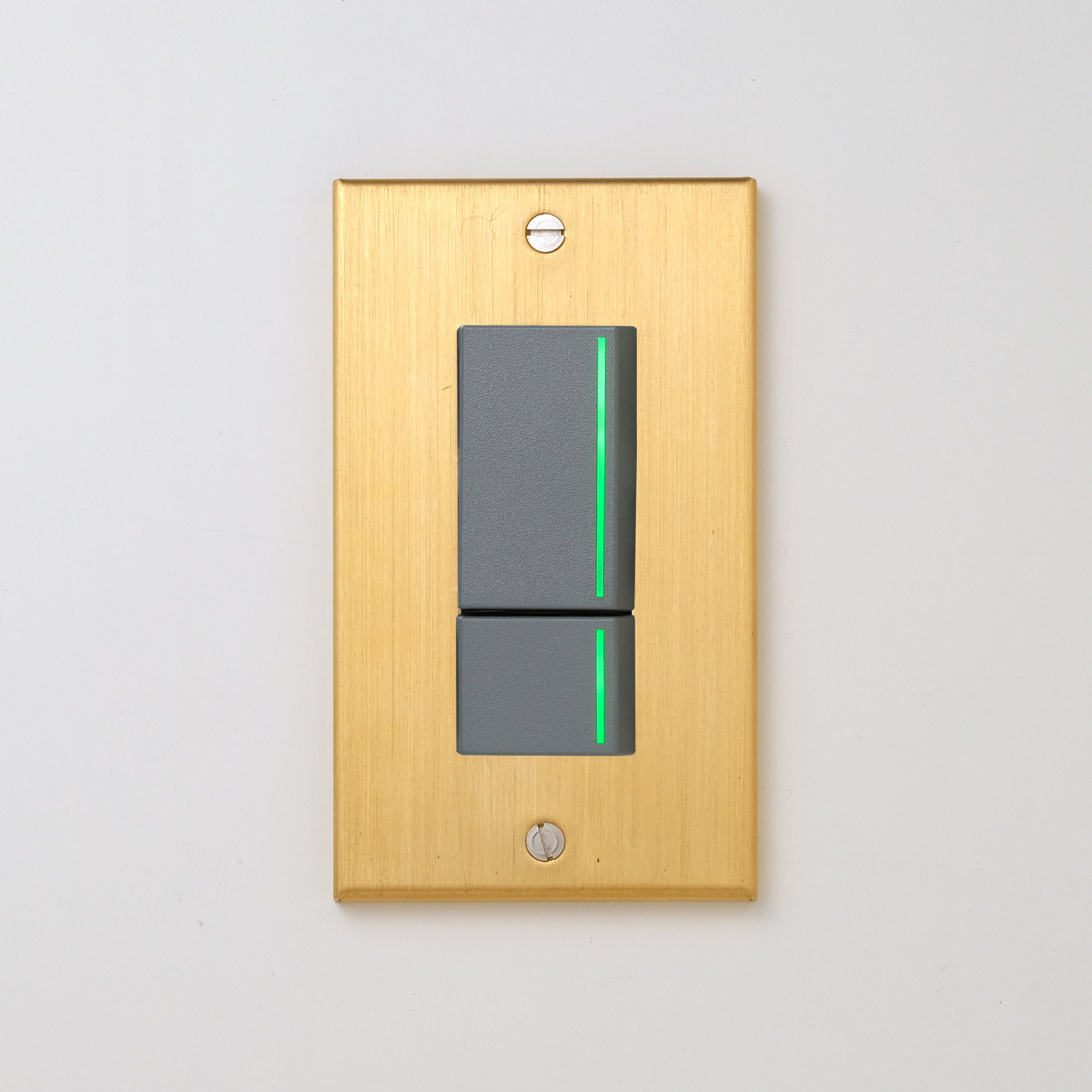 真鍮（ヘアライン） プレート <br>+ NK 片切、3路ガイドランプ（グリーン）スイッチダブル（上段大）   グレー