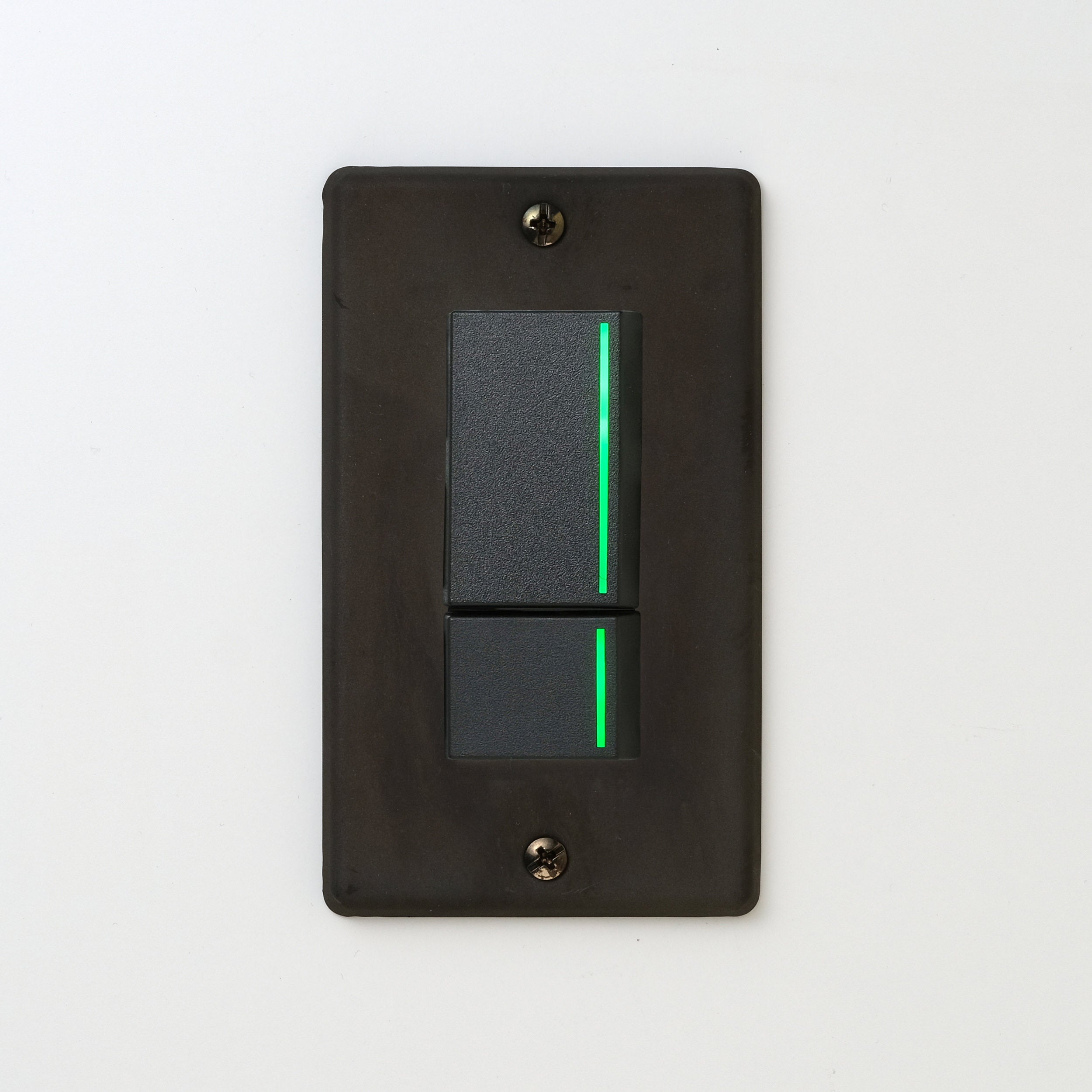 ステンレス（黒染）プレート <br>+ NK 片切、3路ガイドランプ（グリーン）スイッチダブル（上段大）  ブラック