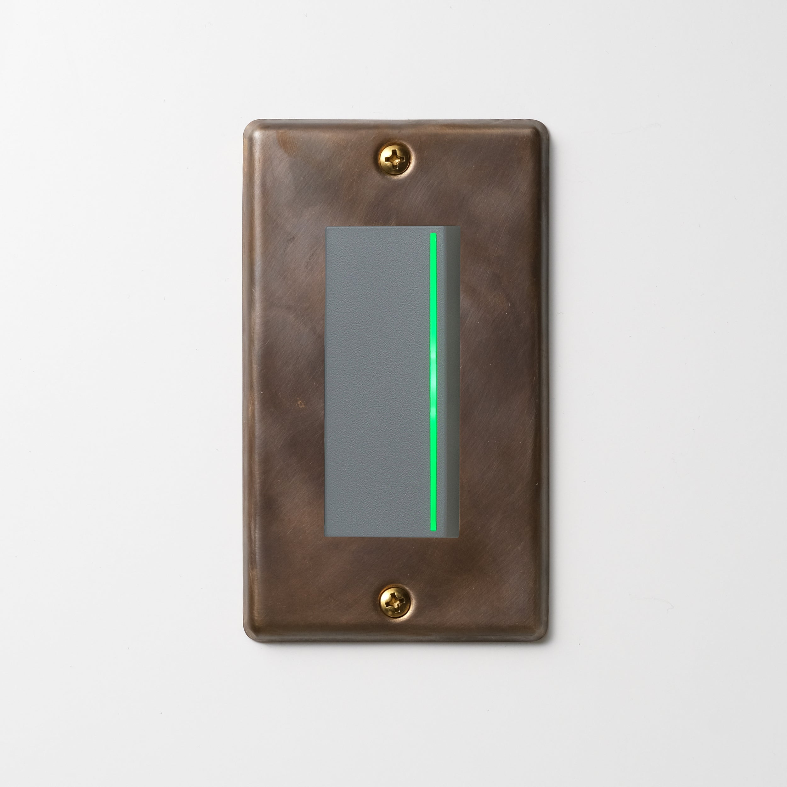 真鍮（燻し） プレート <br>+ NK 片切、3路ガイドランプ（グリーン）付スイッチシングル  グレー