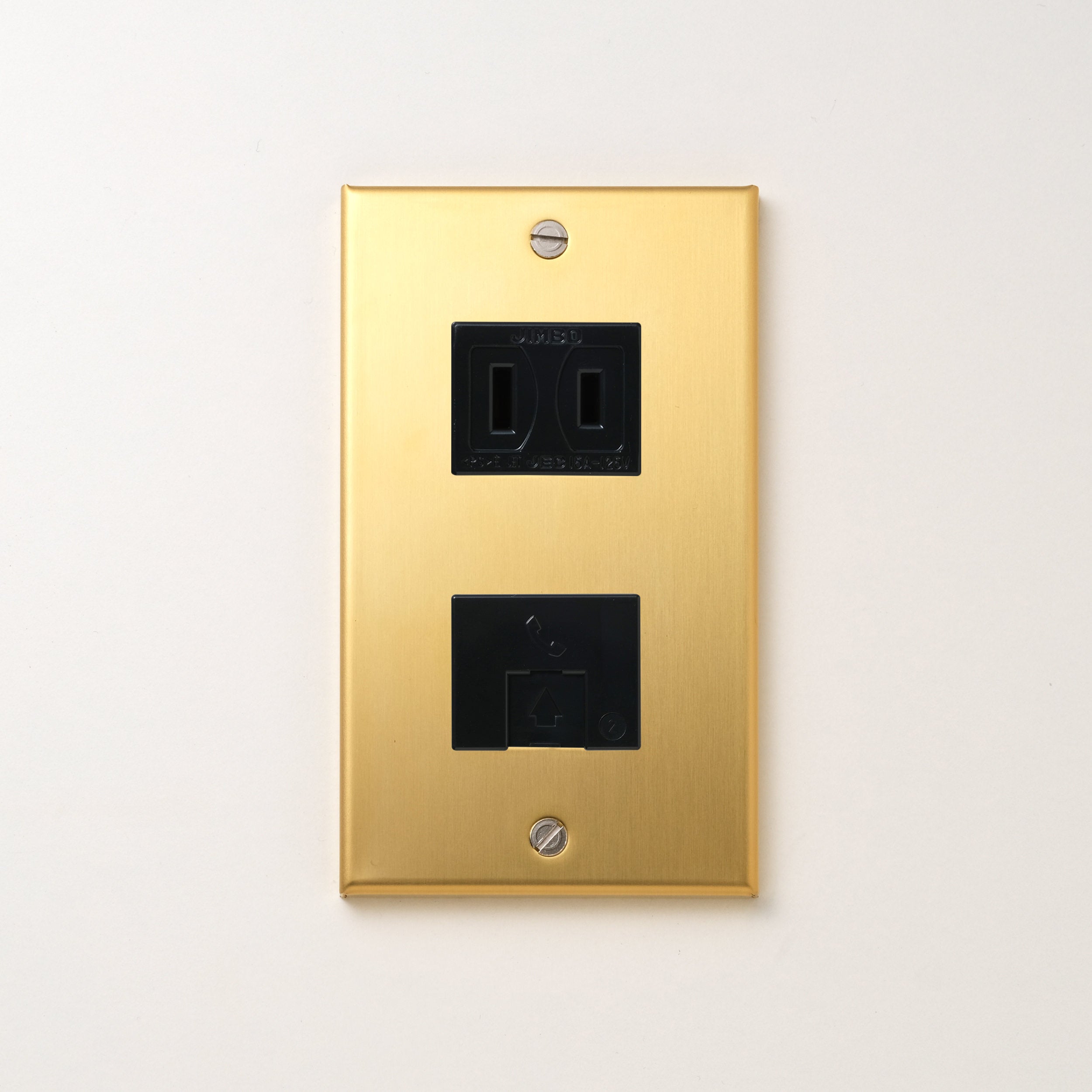 真鍮（素地） プレート<br>+ NK 埋込モジュラジャック6極2心 ブラック <br>+ NK 埋込コンセント ブラック