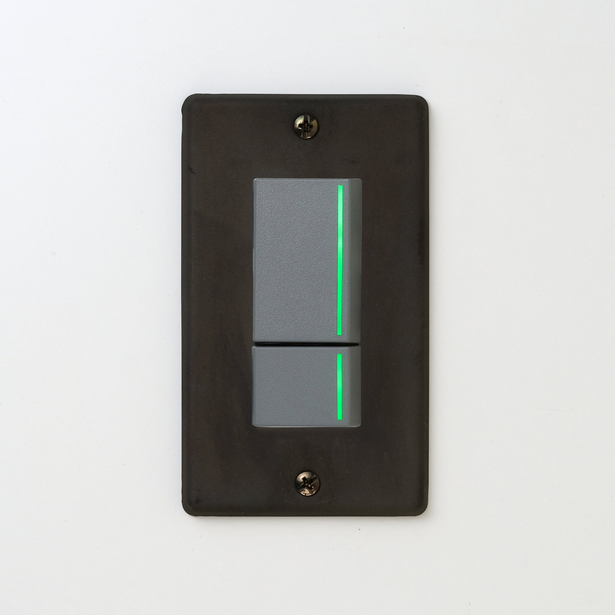 ステンレス（黒染）プレート <br>+ NK 片切、3路ガイドランプ（グリーン）スイッチダブル（上段大）  グレー