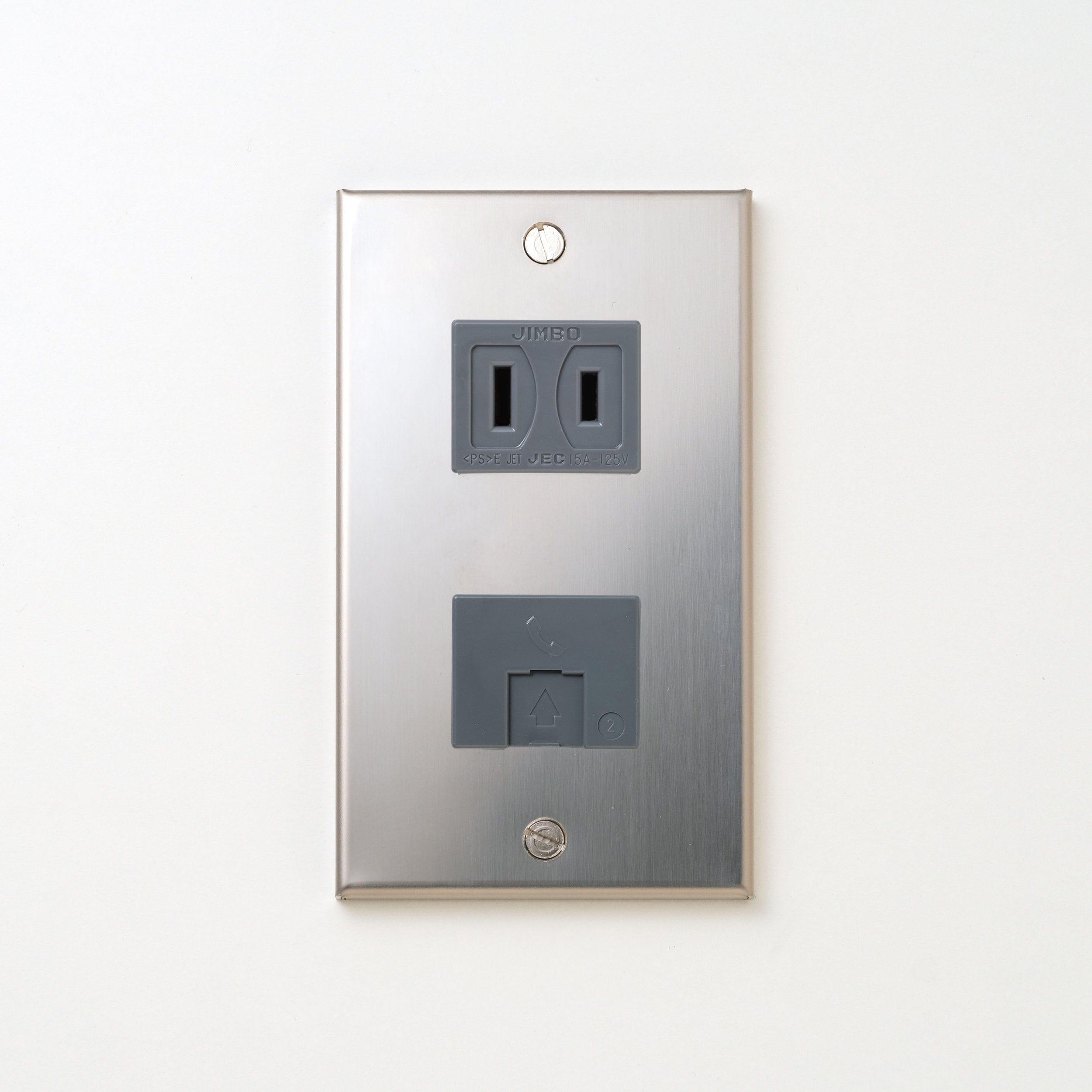 ステンレス（素地） プレート<br>+ NK 埋込モジュラジャック6極2心 グレー <br>+ NK 埋込コンセント グレー