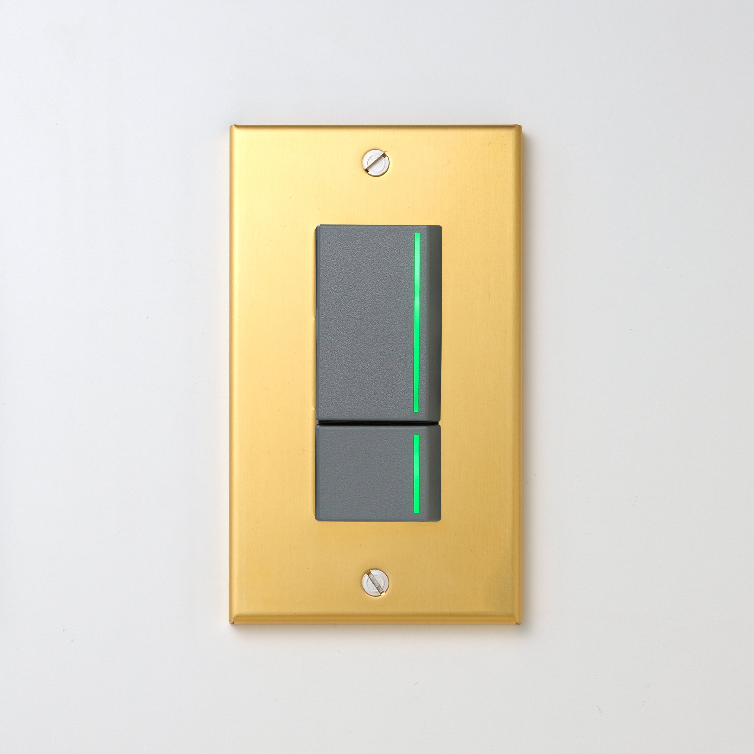 真鍮（素地） プレート <br>+ NK 片切、3路ガイドランプ（グリーン）スイッチダブル（上段大）  グレー