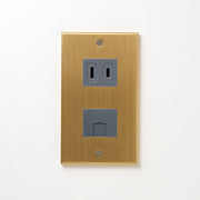 真鍮（ヘアライン） プレート<br>+ NK 埋込モジュラジャック6極2心 グレー <br>+ NK 埋込コンセント グレー